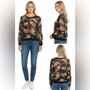 DEB Floral Sheer Long Sleeve Top Size L Black Mesh Rose Print Lightweight